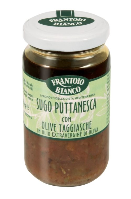 PUTTANESCA-SAUGE mit TAGGIASCHE-OLIVEN 180gr.